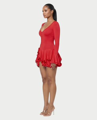 NADIA V-Neck Asymmetric Long Sleeve Ruffle Mini Dress