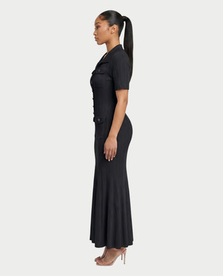TINLEY Collared Button-Front Ribbed Knit Pocket Maxi Dress
