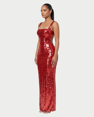 EMELYN Silver Sequin Square Neck Bodycon Maxi Dress