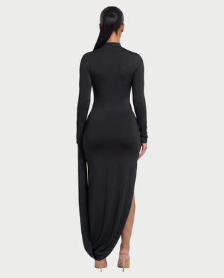ALMERA Mock Neck Draped-Sleeve Bodycon Maxi Dress
