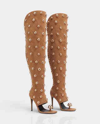 ESTELLA Studded Thong Toe Denim Thigh-High Heel Boots