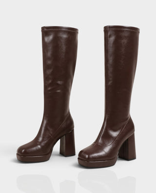 IZARA Retro Square Toe Knee-High Chunky Heel Platform Boots