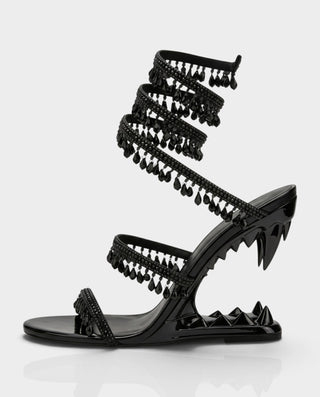 ALFEA Crystal Fringe Multi-Strap Sculpted Fang Heels