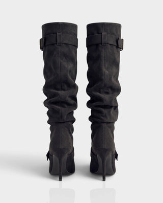 ESTRELLE Pointed Toe Buckle Strap Knee-High Heel Boots