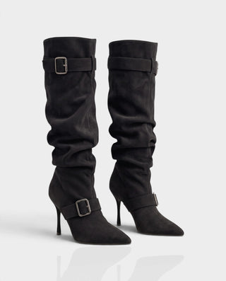 ESTRELLE Pointed Toe Buckle Strap Knee-High Heel Boots
