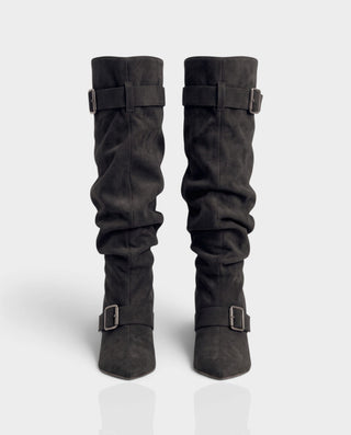 ESTRELLE Pointed Toe Buckle Strap Knee-High Heel Boots