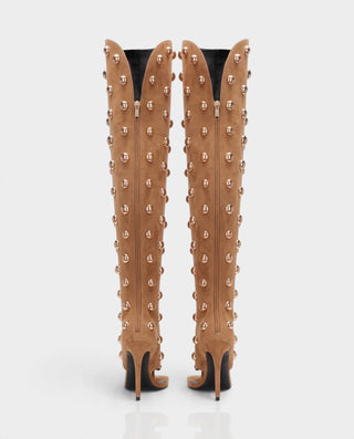 ESTELLA Studded Thong Toe Denim Thigh-High Heel Boots