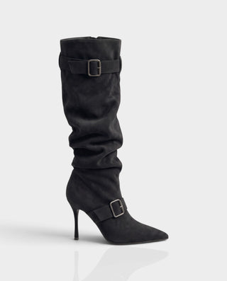 ESTRELLE Pointed Toe Buckle Strap Knee-High Heel Boots