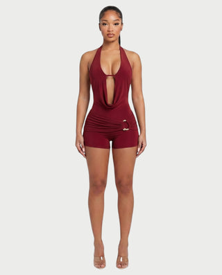 NISHKA Halter Draped Beaded Open-Back Romper