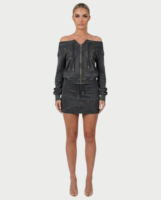 GWENY Retro Long-sleeved Studded Jacket & Skirt Set