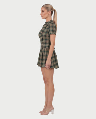 MIRIANA Plaid Mock Neck Puff Sleeve Button Detail Mini Dress