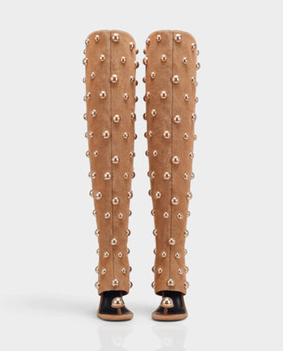 ESTELLA Studded Thong Toe Denim Thigh-High Heel Boots