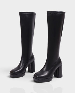 IZARA Retro Square Toe Knee-High Chunky Heel Platform Boots