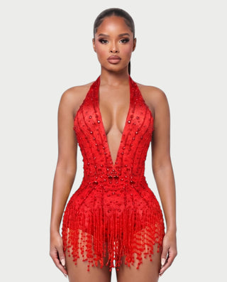 EMERA Rhinestone Beaded Halter Mini Dress