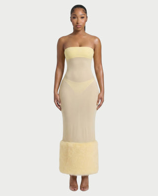 POLINE Faux Fur Cape & Sheer Trimmed Maxi Dress Set