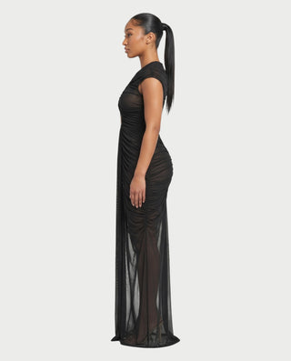 MARIEL Cap Sleeve Keyhole Cutout Ruched Sheer Maxi Dress