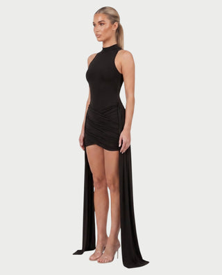 SALMA Mock Neck Draped Side-Tie Bodycon Mini Dress