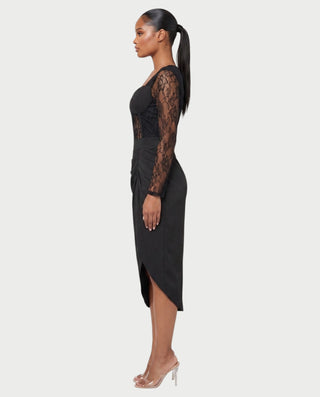 NOREEN Sheer Lace Corset Ruched Side-Drape Midi Dress