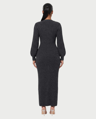 KIVA V-Neck Ribbed Knit Balloon Sleeve Maxi Dress