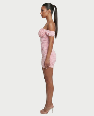 FENIX Floral Appliqué Ruched Off-Shoulder Mini Dress