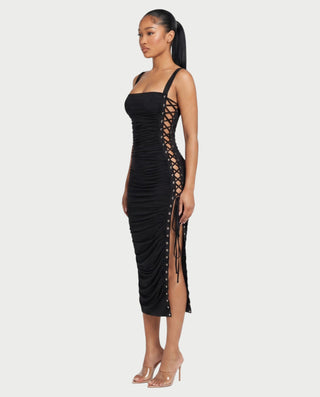 ARMALIA Ruched Lace-Up Side Bodycon Midi Dress