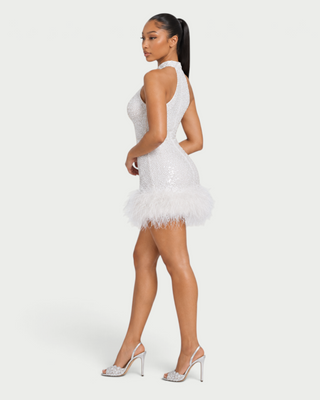 LESLIE Feather-Trim Sequin High-Neck Mini Dress