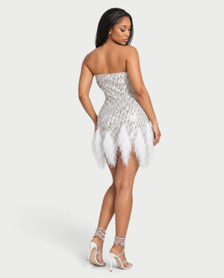 AILANY Strapless Sequin Feather Trim Bodycon Mini Dress