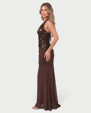 VIVIENNE Plunging Neckline Ruched Mermaid Evening Gown