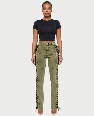 MAEVA Lace-Up Side Detail High-Waist Straight-Leg Pants