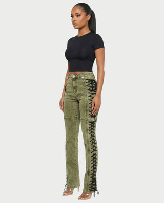 MAEVA Lace-Up Side Detail High-Waist Straight-Leg Pants