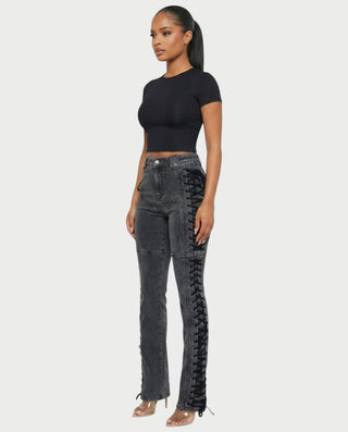 MAEVA Lace-Up Side Detail High-Waist Straight-Leg Pants
