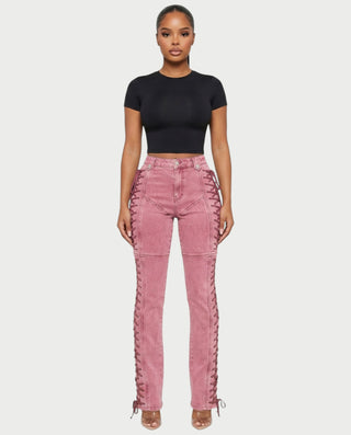 MAEVA Lace-Up Side Detail High-Waist Straight-Leg Pants