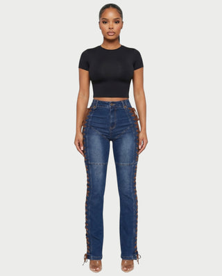 MAEVA Lace-Up Side Detail High-Waist Straight-Leg Pants