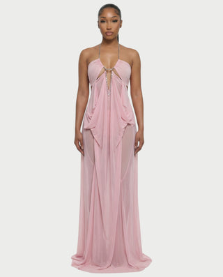 sheer chain dress Shaquilla Nude sheer leg crystal chain dangling mermaid dress