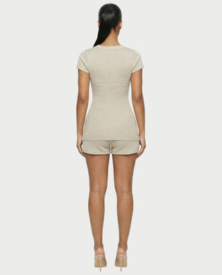VIYERA Ribbed Button-Front Fitted Top & Shorts Set