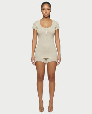 VIYERA Ribbed Button-Front Fitted Top & Shorts Set
