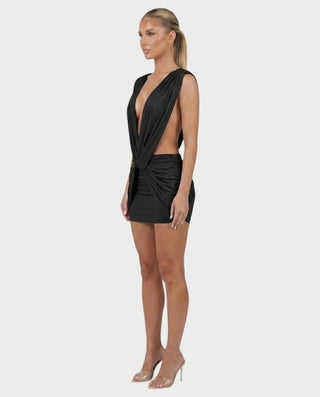 LAZEL Twist-Drape Backless Bodycon Mini Dress