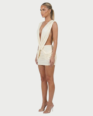 LAZEL Twist-Drape Backless Bodycon Mini Dress