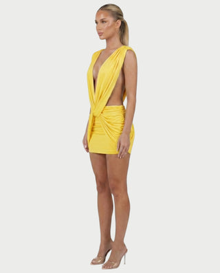 LAZEL Twist-Drape Backless Bodycon Mini Dress