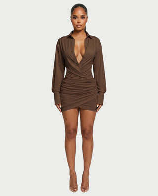 ALMINA Ruched Wrap Shirt Bodycon Mini Dress