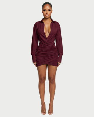 ALMINA Ruched Wrap Shirt Bodycon Mini Dress