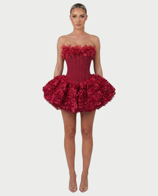 LONEYA Floral Strapless Ruffle Mini Dress