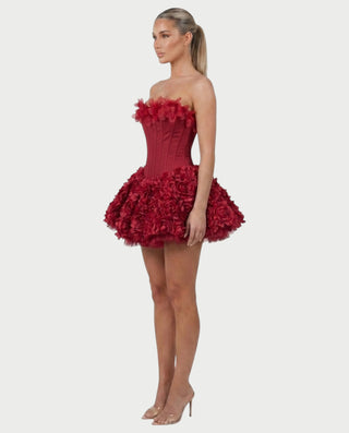 strapless corset floral ruffle dress red Strapless Corset Floral Ruffle Two Piece Dress Red