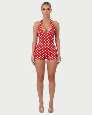 AMESA Retro Polka Dot Halter Tie Romper