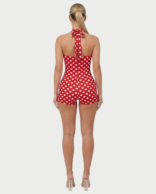 AMESA Retro Polka Dot Halter Tie Romper