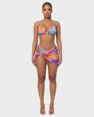 MARVINA Marble Print Bikini & Sarong Three-Piece Set