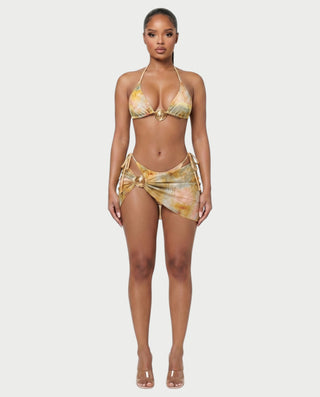 MARVINA Marble Print Bikini & Sarong Three-Piece Set