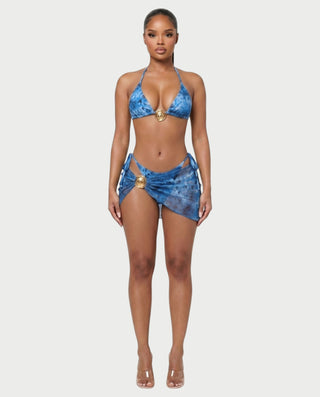 MARVINA Marble Print Bikini & Sarong Three-Piece Set