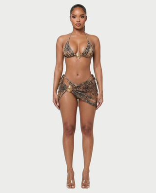 ELERY Three-Piece Leopard Bikini & Sarong Set