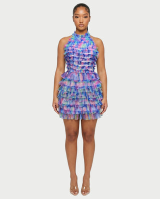 ESHNA Layered Frill High Neck Mini Dress